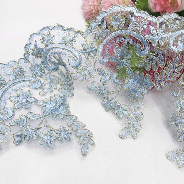 Light blue Alencon Lace Trim, blue Lace Trim, Bridal Lace Trim, Wide Lace Trim, Corded Lace Trim, Sell By Yard