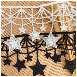 Star Lace Trim – Celestial Black & Off White Embroidered trim for Sewing, festival, gothic, faire, Costumes, Decor – 1 Yard