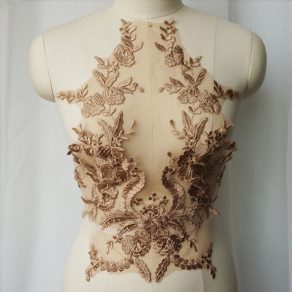 Bronze metallic or coffee colored lace Applique, bodice applique, Trims, Embroidery, DIY Craft, sew on applique, dresses