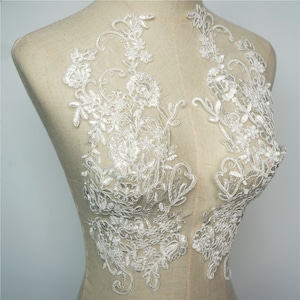 Mirrored pair light Ivory Wedding Applique I Embroidered Lace, Sew On Patches, Evening Dress DIY Decoration