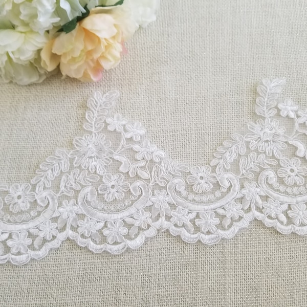 White and Light Ivory Alencon Lace Trim, Ivory Lace Trim, Bridal Lace Trim, Wide Lace Trim, Corded Lace Trim, Sell By Yard