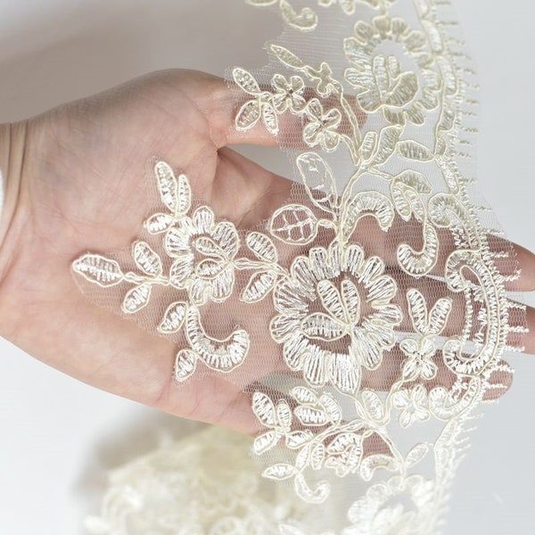 By Yard Champagne Lace Trim, 5" tall Floral Alencon Lace, Bridal Wedding Veil Lace Trimming, champagne trim