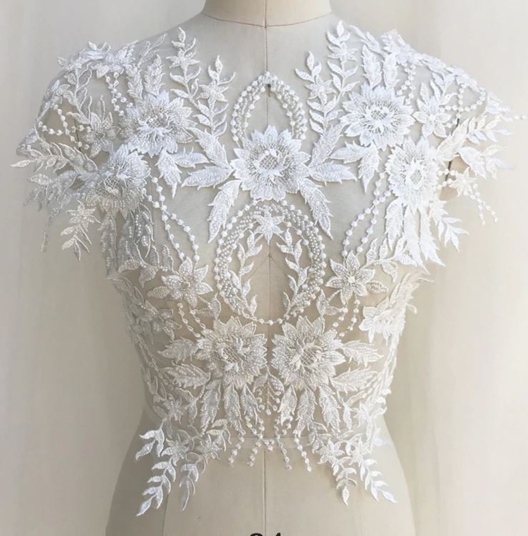 Heavily Beaded Lace Applique, Bodice Applique, Trims, Embroidery, DIY Craft, off White for