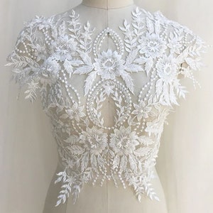 Heavily beaded Lace Applique, bodice applique, Trims, Embroidery, DIY Craft, off white for Sewing, dresses, sparkly