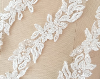 Beaded ivory alencon Lace Trim, Bridal Trim, wedding veil lace, border lace, Sell By Yard