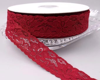 5 or 10 yards of 1 Inch burgundy Nylon Elastic Lace Trim, For scrapbooking, DIY projects, garters
