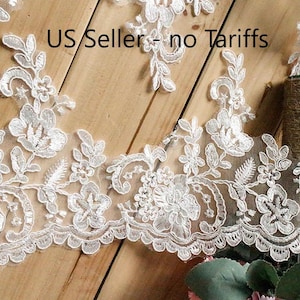 By Yard Alencon Lace Trim, Floral Alencon Lace, Bridal Wedding Veil Lace Trimming, white or light ivory trim