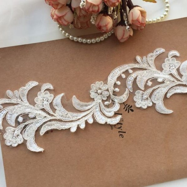 Beaded ivory alencon Lace Trim, Sequin trim, Bridal Trim, Corded Lace Trim, Sell By Yard