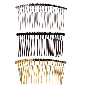 May include: Three hair combs with different colored metal teeth. The top comb has silver teeth, the middle comb has black teeth, and the bottom comb has gold teeth.