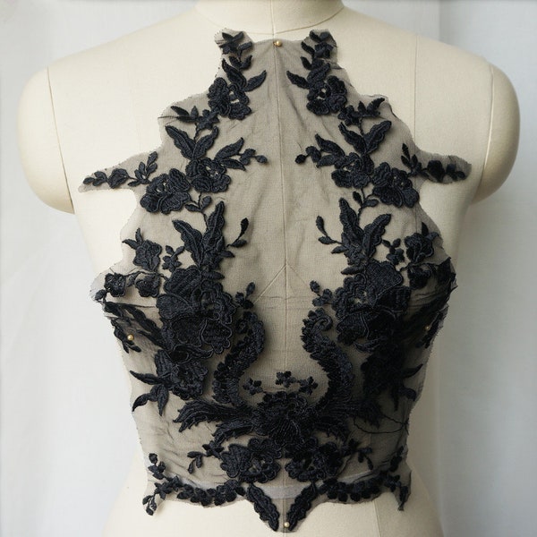 Black Lace Applique, bodice applique, Trims, Embroidery, DIY Craft, sew on applique, dresses