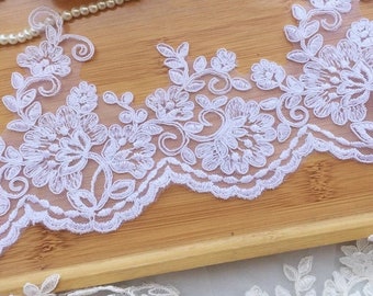 Light Ivory or white Alencon Lace Trim, soft polyester trim, Luxury Bridal Lace Trim, Sell By Yard