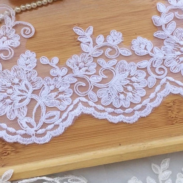 Light Ivory or white Alencon Lace Trim, soft polyester trim, Luxury Bridal Lace Trim, Sell By Yard