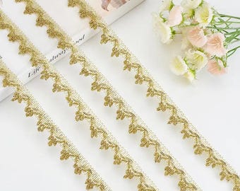 2, 5, or 10 yards Gold Metallic Lace Trim, 3/4" wide Decorative Embroidered Lace for Costumes, Dresses, Wedding Decor, and Crafts