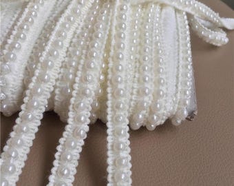 Beaded off white Lace Trim for wedding dress straps, Pearl Bridal Trim, wedding veil lace, border lace, Sell By Yard