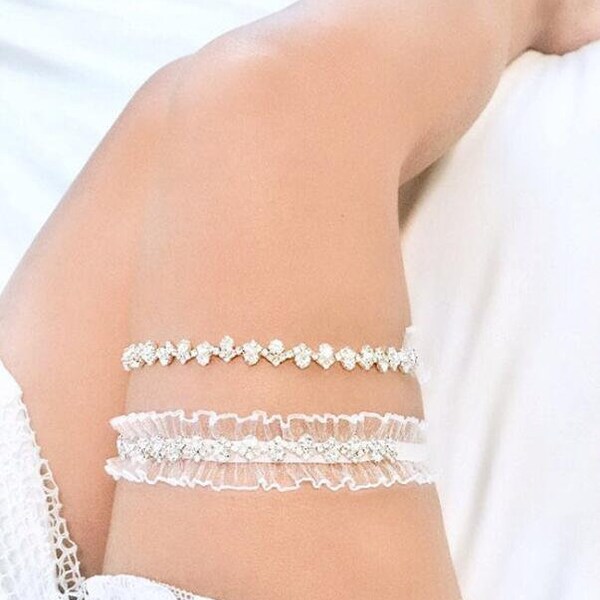 Rhinestone garter, ruffled garter, keepsake and throw away combo, wedding accessory, wedding garter set