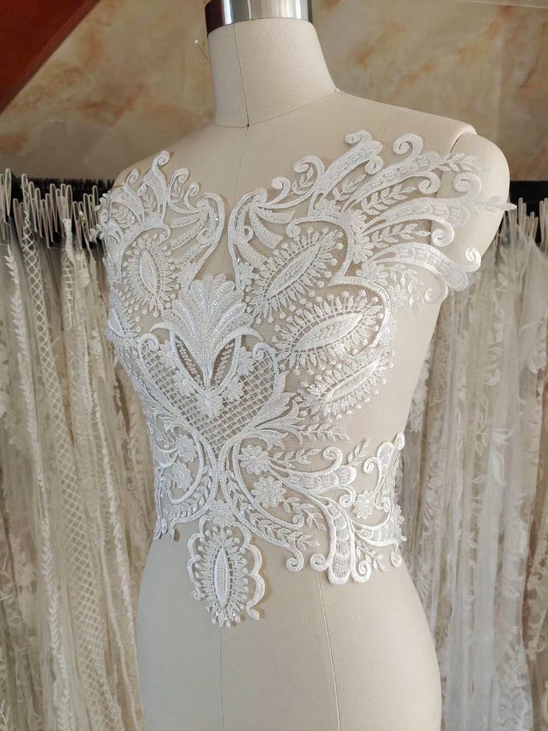 Heavily Beaded Lace Applique, Bodice Applique, Trims, Embroidery, DIY Craft, off White for