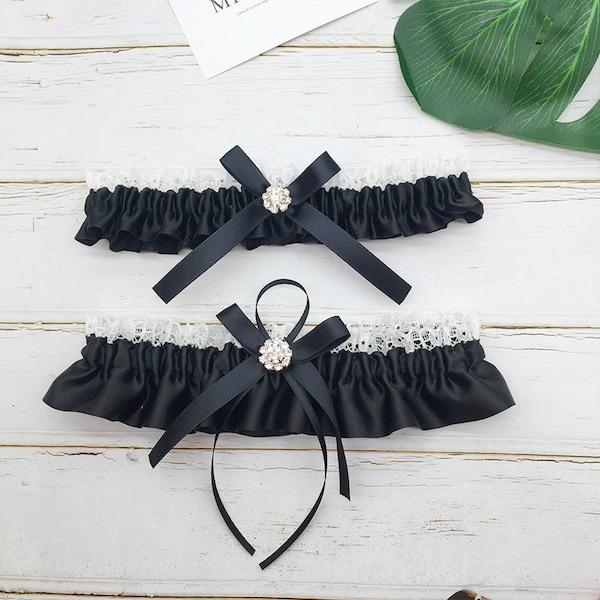 Rhinestone and satin garter, black garter, keepsake and throw away combo, wedding accessory, wedding garter set