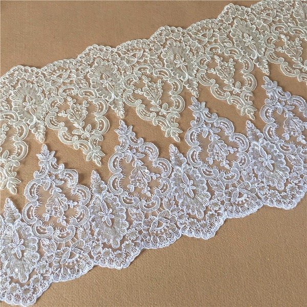 CLOSEOUT - White, light Ivory sequin lace Trim, Sequin trim, Bridal Trim, Corded Lace Trim, Sell By Yard