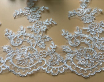 White or light Ivory Alencon Lace Trim, Ivory Lace Trim, Bridal Lace Trim, Wide Lace Trim, Corded Lace Trim, Sell By Yard