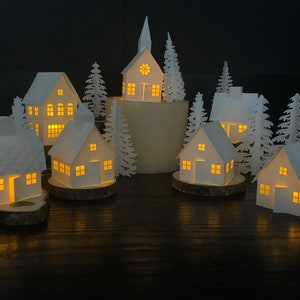 Christmas TEA LIGHT Village Set | Holiday Fireplace Mantle Decorations | White Christmas Tree Paper House Village | READ Description