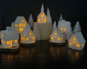 White Christmas Tea Light Village | Christmas Village Decoration | Paper House Set | Fireplace Mantle Christmas Decor | **READ DESCRIPTION**