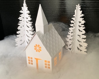 Church White Christmas Tea Light House | Christmas Village Decoration | Paper Decor | Fireplace Mantle Christmas Decor | Village Add-On