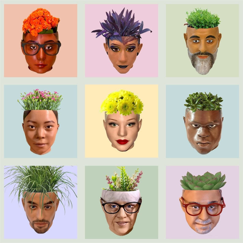 May include: Nine different people with plants growing out of their heads. The plants are in various colors and styles, including succulents, flowers, and greenery. The people are all smiling and looking at the camera.