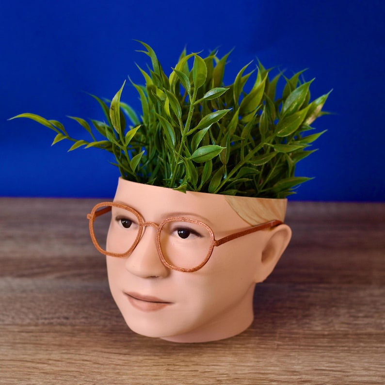 May include: A ceramic planter shaped like a person's head with glasses and a plant growing out of the top. The planter is beige and the plant is green.