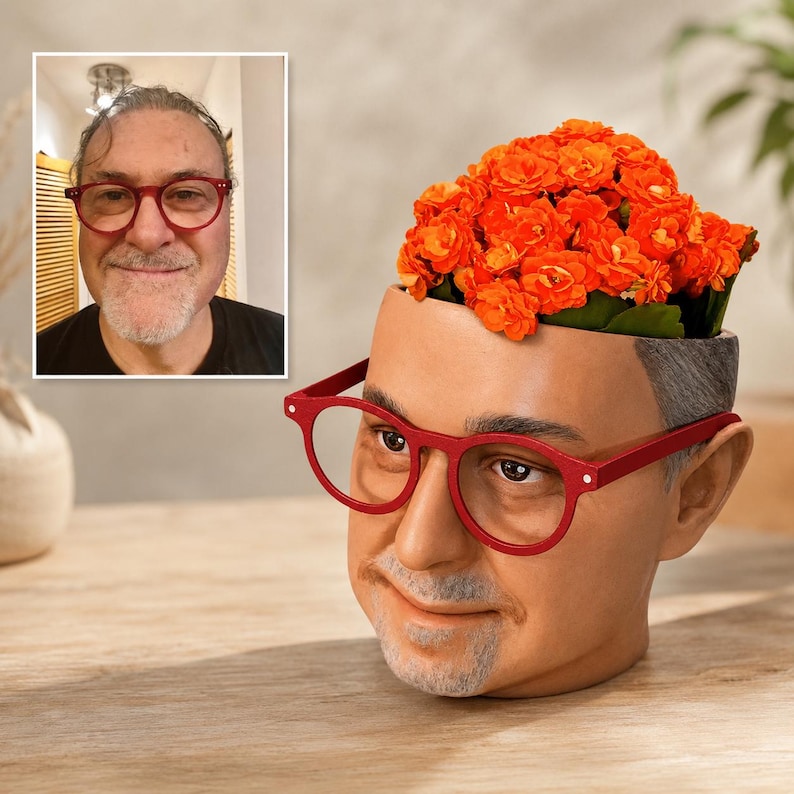 Custom Face Planter Pot – Personalized 3D Printed Head Planter Gift, Hand-Painted Portrait Flower Pot, Indoor Succulent Planter Home Decor image 1