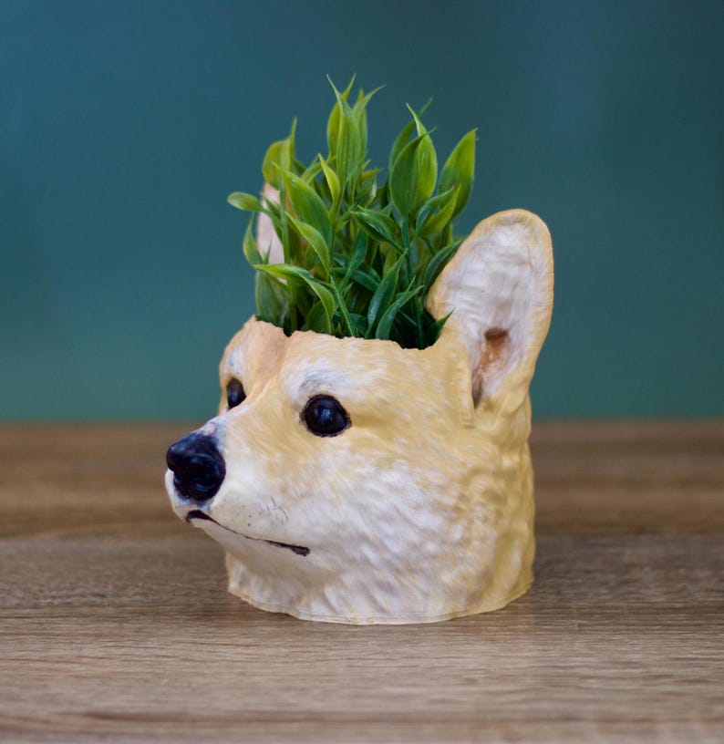 May include: A ceramic planter shaped like a corgi's head with a green plant growing out of the top.