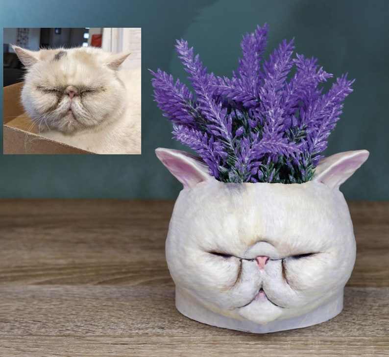 May include: White ceramic planter shaped like a cat's face with lavender flowers inside.