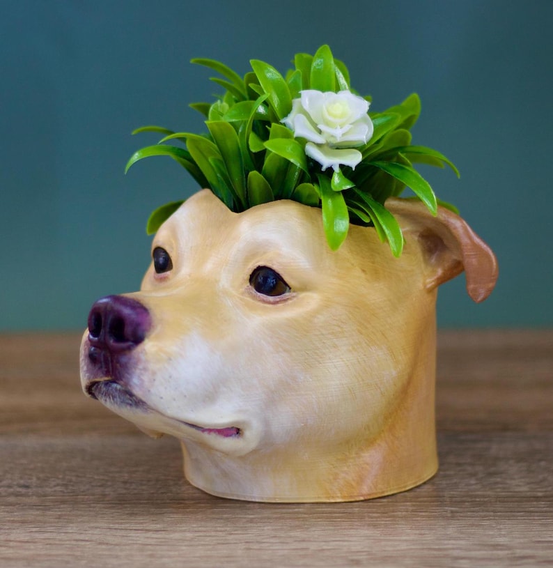 May include: A brown and white dog planter with a green plant and a white flower on top. The planter is made to look like a dog's head.
