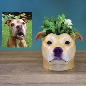 May include: A tan dog planter with green plants and white flowers growing out of the top. The planter is shaped like a dog's head with a brown nose and black eyes.
