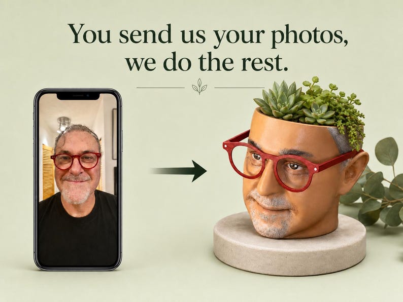 Custom Face Planter Pot – Personalized 3D Printed Head Planter Gift, Hand-Painted Portrait Flower Pot, Indoor Succulent Planter Home Decor image 3