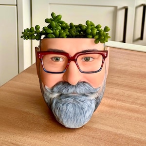 May include: A white ceramic planter shaped like a face with a gray beard, red-rimmed glasses, and a mustache. The planter is filled with green succulents.