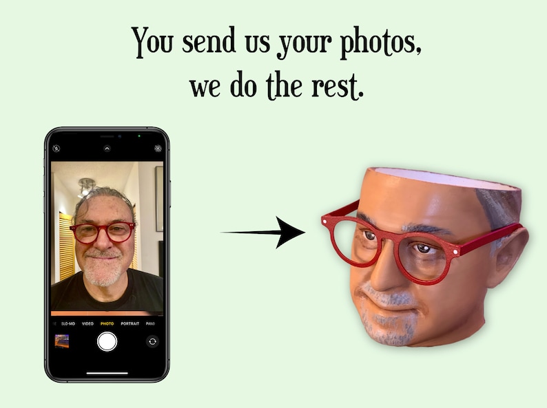May include: A smartphone displaying a selfie of a person with a beard and red-framed glasses. An arrow points to a 3D printed bust of a person with red-framed glasses. The text "You send us your photos, we do the rest." is displayed above the image.