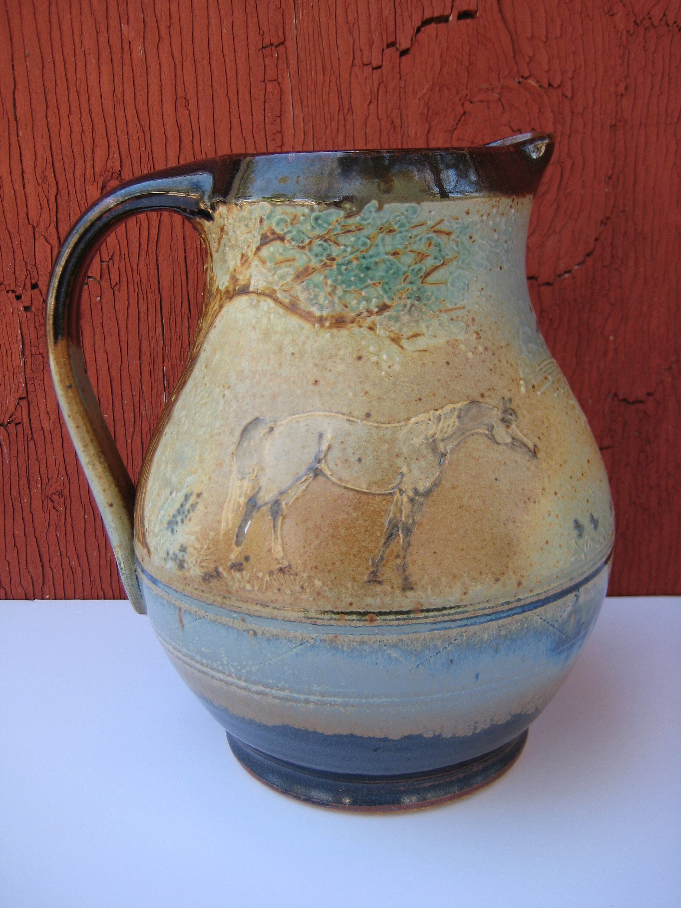 Handmade Pottery Pitcher of Horses and Trees Etsy