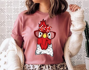 Graphic Roosters Hen Chicken Bandana & Glasses Shirt, Funny Chicken Shirt, Women Chicken Shirt, Chicken Mama Tee, Gift For Her, Sister Gift