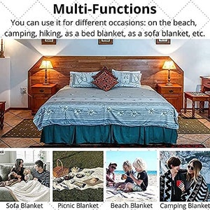 May include: A multi-purpose blanket shown in various settings, including a bed, a sofa, a picnic, a beach, and a camping trip. The blanket is light blue with a floral pattern and a teal ruffle.