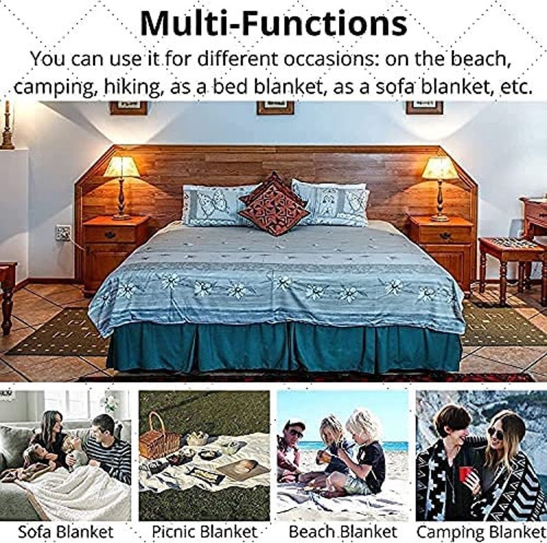 May include: A multi-purpose blanket shown in various settings, including a bed, a sofa, a picnic, a beach, and a camping trip. The blanket is light blue with a floral pattern and a teal ruffle.