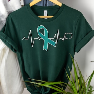 Ovarian Cancer Awareness Shirt: Teal Ribbon Heartbeat Graphic