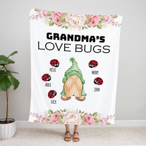Personalized Grandma&#39;s Love Bugs Blanket: Grandkids Names, Floral Design