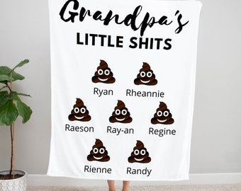 Funny Grandpa&#39;s Little Sh*ts Personalized Blanket, Gift for Grandpa, Custom Throw Blanket, Poop Emoji Blanket, Custom Name Blanket