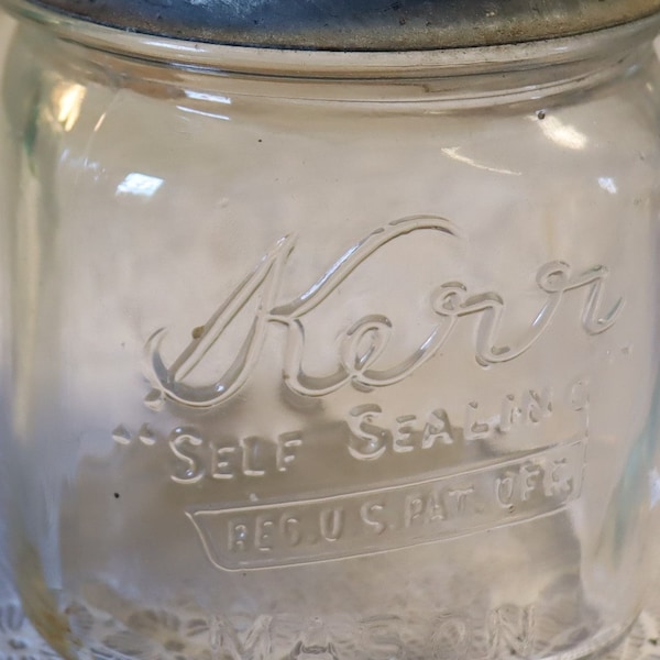 Vtg Square KERR Self Sealing 1/2 Pint Canning Fruit Jar With BALL Zinc lid #50 made by Hazel Atlas Company
