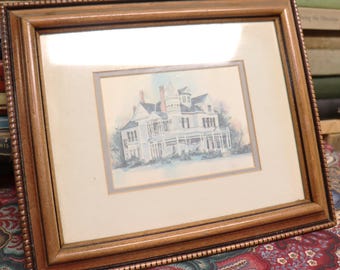 Vintage framed print of a Victorian home 12 by 10 inches