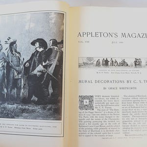 May include: An open book with a black and white illustration of Native Americans and European settlers. The text "APPLETON'S MAGAZINE" is at the top, with "MURAL DECORATIONS BY C. Y. TURNER" below. The image is from July 1896.