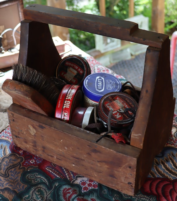 Vintage Homemade shoe shine box, bushes, polish,an