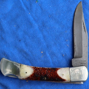Parker Edwards USA  Lock back Stag Bovine Bone Handles Damascus Blade.