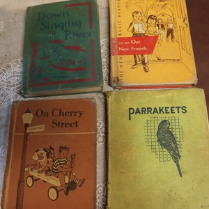 Vintage childrens book group of 4 including Down Singing River,Our New Friends, Parakeets, andOn Cherry Street 40&#39;s and 50&#39;s