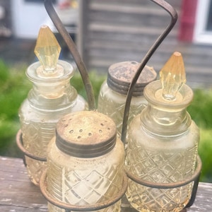 Vintage 4 pc Cruet serving set, Oil, Vinegar, salt, and pepper,  all cut glass